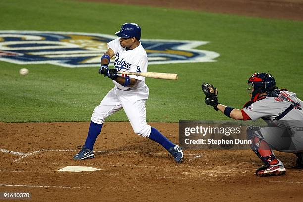 Rafael Furcal of the Los Angeles Dodgers at bat against the St. Louis Cardinals in Game One of the NLDS during the 2009 MLB Playoffs at Dodger...