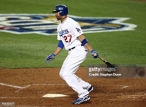 Matt Kemp of the Los Angeles Dodgers at bat against the St. Louis Cardinals in Game One of the NLDS during the 2009 MLB Playoffs at Dodger Stadium on...