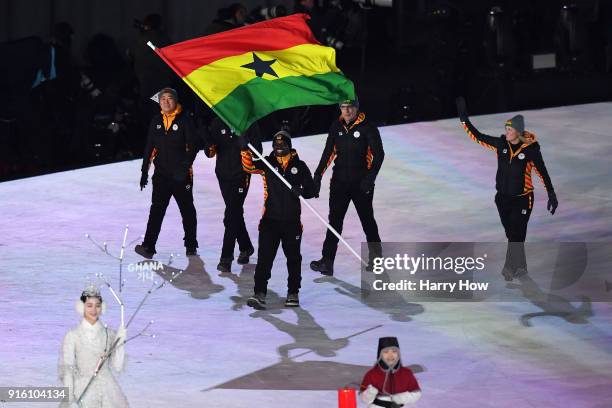 Flag bearer Akwasi Frimpong of Ghana leads out during the Opening Ceremony of the PyeongChang 2018 Winter Olympic Games at PyeongChang Olympic...