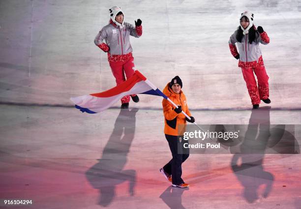 Flag bearer Jan Smeekens of the Netherlands enters the stadium during the Opening Ceremony of the PyeongChang 2018 Winter Olympic Games at...