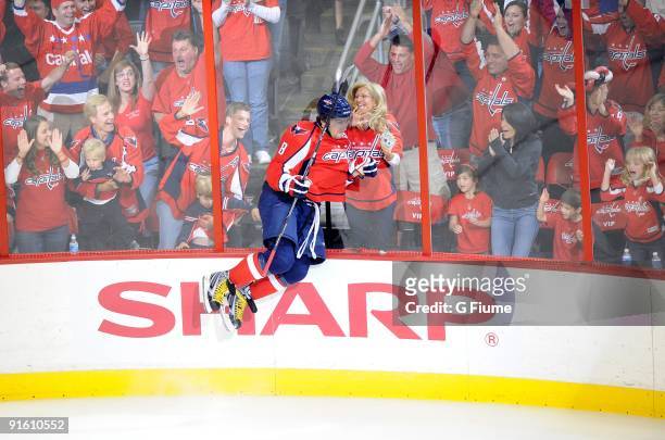 Alex Ovechkin of the Washington Capitals celebrates after scoring a goal against the Toronto Maple Leafs at the Verizon Center on October 3, 2009 in...