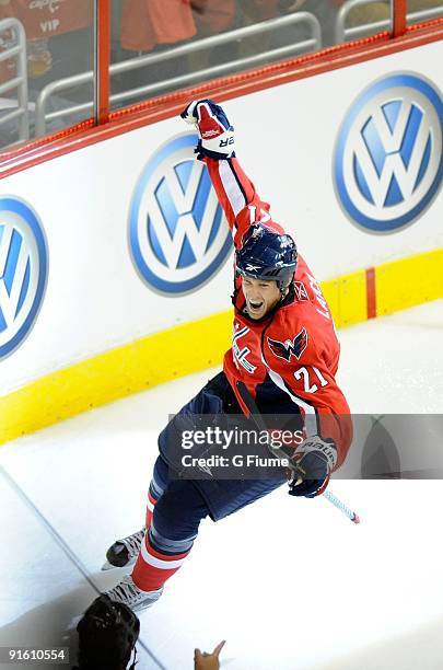 Brooks Laich of the Washington Capitals celebrates after scoring against the Toronto Maple Leafs at the Verizon Center on October 3, 2009 in...