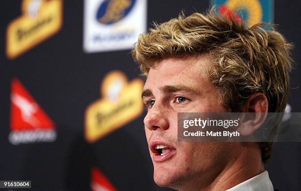 Newly-appointed Wallabies vice-captain Berrick Barnes talks to the media during a press conference to announce the Australian Wallabies spring tour...