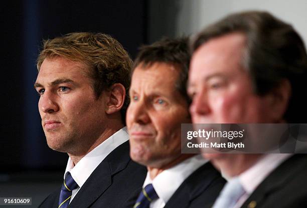 Newly-appointed Wallabies captain Rocky Elsom talks to the media during a press conference to announce the Australian Wallabies spring tour squad at...