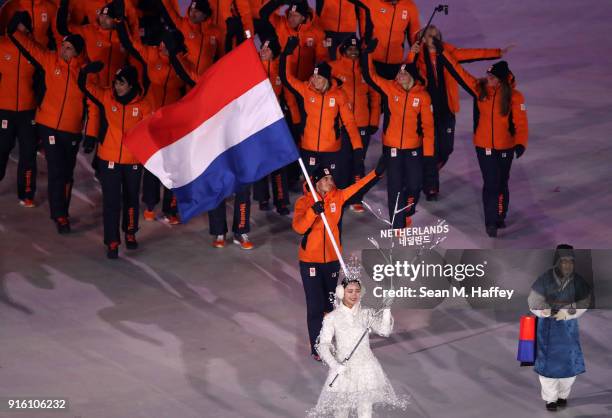 Flag bearer Jan Smeekens of the Netherlands leads the team during the Opening Ceremony of the PyeongChang 2018 Winter Olympic Games at PyeongChang...