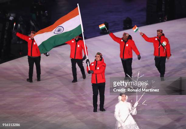 Flag bearer Shiva Keshavan of India during the Opening Ceremony of the PyeongChang 2018 Winter Olympic Games at PyeongChang Olympic Stadium on...