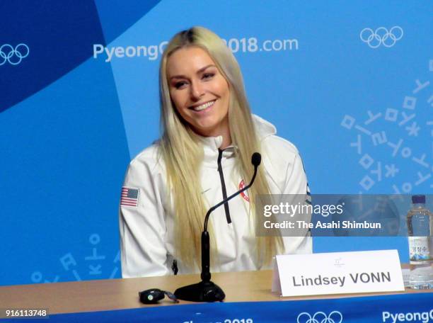 United States alpine skier Lindsey Vonn attends a press conference at the Main Press Centre during previews ahead of the PyeongChang 2018 Winter...