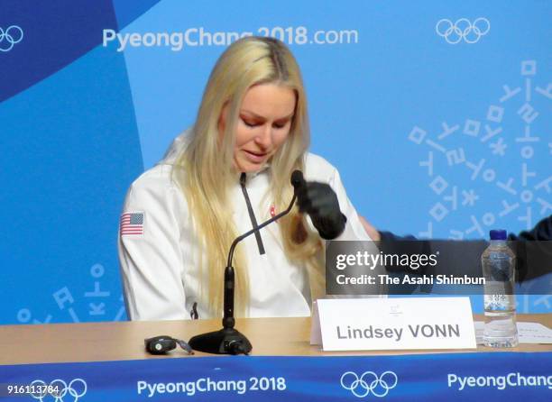 United States alpine skier Lindsey Vonn shows her emotion during a press conference at the Main Press Centre during previews ahead of the PyeongChang...