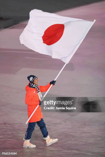Flag bearer Noriaki Kasai of Japan leads the team during the Opening Ceremony of the PyeongChang 2018 Winter Olympic Games at PyeongChang Olympic...