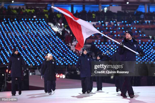 Flag bearer Rudy Rinaldi of Monaco leads the team during the Opening Ceremony of the PyeongChang 2018 Winter Olympic Games at PyeongChang Olympic...