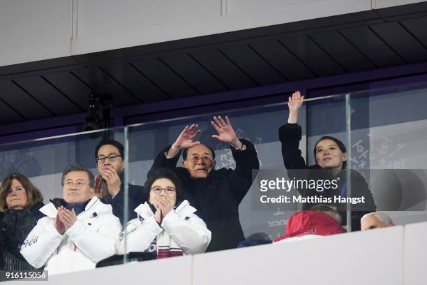 Kim Yo-jong and President of South Korea, Moon Jae-in applaud during the Opening Ceremony of the PyeongChang 2018 Winter Olympic Games at PyeongChang...