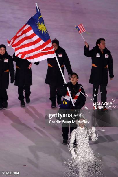 Flag bearer Julian Yee of Malaysia leads the team during the Opening Ceremony of the PyeongChang 2018 Winter Olympic Games at PyeongChang Olympic...