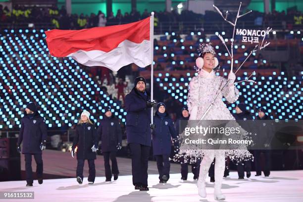 Flag bearer Rudy Rinaldi of Monaco leads his country during the Opening Ceremony of the PyeongChang 2018 Winter Olympic Games at PyeongChang Olympic...