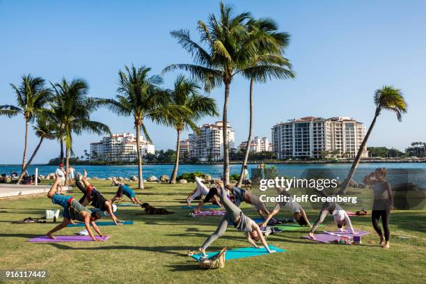 Florida, Miami Beach, South Pointe Park, Outdoor Yoga Class.