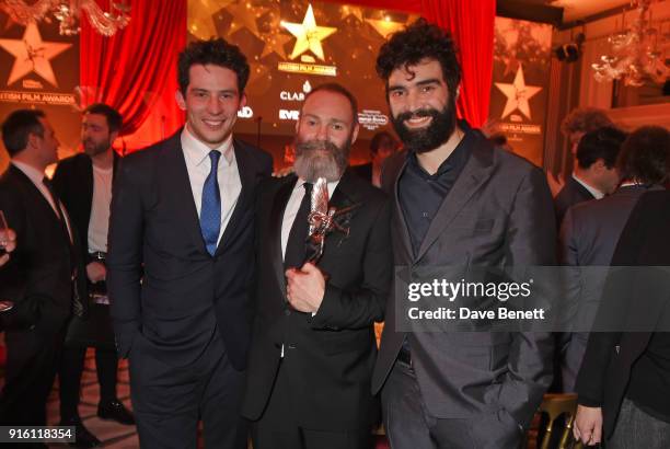 Josh O'Connor, Francis Lee and Alec Secareanu, winners of the Best Film award for "God's Own Country", attend the London Evening Standard British...