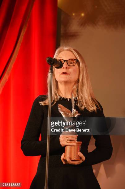 Sally Potter, winner of the Best Screenplay award for 'The Party', speaks at the London Evening Standard British Film Awards 2018 at Claridge's Hotel...