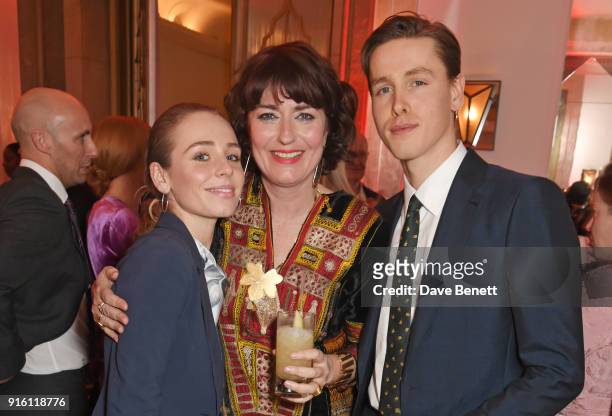 Rose Gray, Anna Chancellor and Harris Dickinson attend a drinks reception at the London Evening Standard British Film Awards 2018 at Claridge's Hotel...