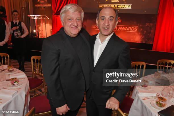 Simon Russell Beale and Armando Iannucci attend a drinks reception at the London Evening Standard British Film Awards 2018 at Claridge's Hotel on...