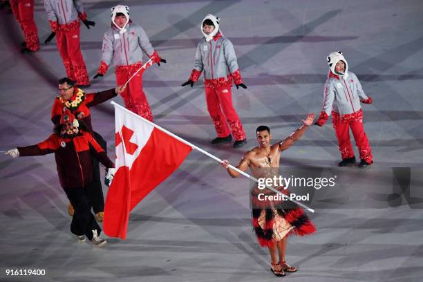 Flag bearer Pita Taufatofua of Tonga and teammates enter the stadium during the Opening Ceremony of the PyeongChang 2018 Winter Olympic Games at...