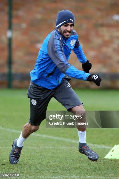 Riyad Mahrez returns to Leicester City training during the Leicester City training session at Belvoir Drive Training Complex on February 09, 2018 in...