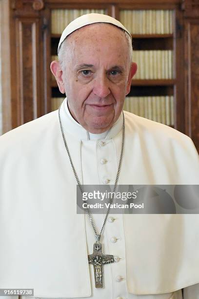 Pope Francis meets Prime Minister of Estonia Juri Rata at the Apostolic Palace on February 9, 2018 in Vatican City, Vatican. Pope Francis has sent...