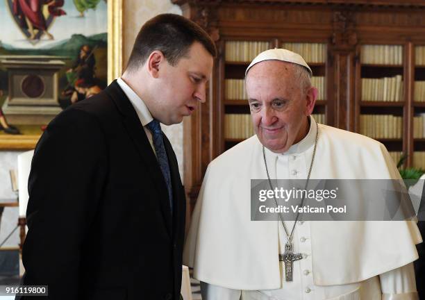 Pope Francis meets Prime Minister of Estonia Juri Rata at the Apostolic Palace on February 9, 2018 in Vatican City, Vatican. Pope Francis has sent...