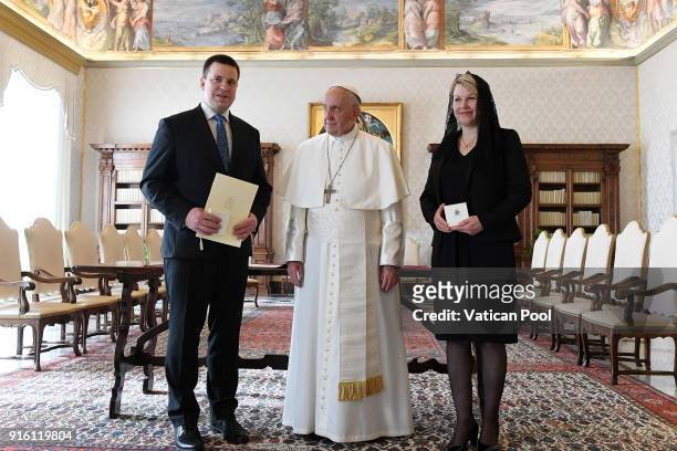 Pope Francis meets Prime Minister of Estonia Juri Rata and his wife at the Apostolic Palace on February 9, 2018 in Vatican City, Vatican. Pope...