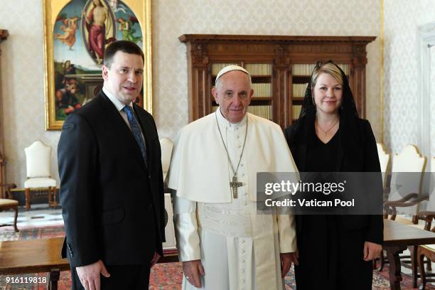 Pope Francis meets Prime Minister of Estonia Juri Rata and his wife at the Apostolic Palace on February 9, 2018 in Vatican City, Vatican. Pope...