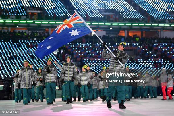 Flag bearer Scotty James of Australia leads the team during the Opening Ceremony of the PyeongChang 2018 Winter Olympic Games at PyeongChang Olympic...