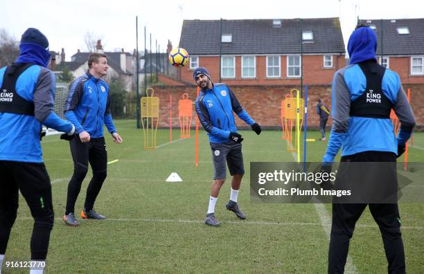 Riyad Mahrez returns to Leicester City training during the Leicester City training session at Belvoir Drive Training Complex on February 09 , 2018 in...