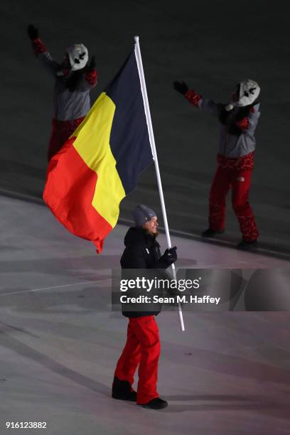 Flag bearer Seppe Smits of Belgium leads his country out during the Opening Ceremony of the PyeongChang 2018 Winter Olympic Games at PyeongChang...