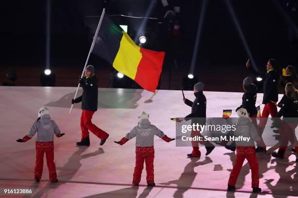 Flag bearer Seppe Smits of Belgium leads his country out during the Opening Ceremony of the PyeongChang 2018 Winter Olympic Games at PyeongChang...