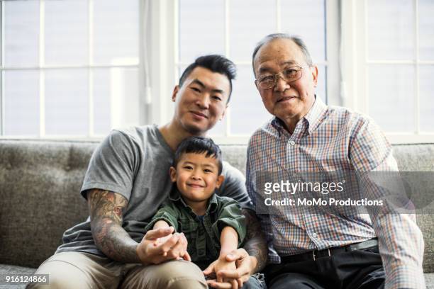 grandfather, son and grandson on couch at home - chinese family stock-fotos und bilder