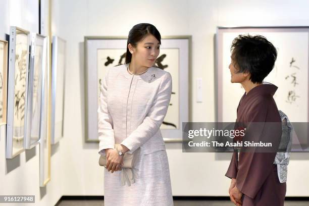 Princess Mako of Akishino visits a female calligraphy exhibition on February 9, 2018 in Tokyo, Japan.