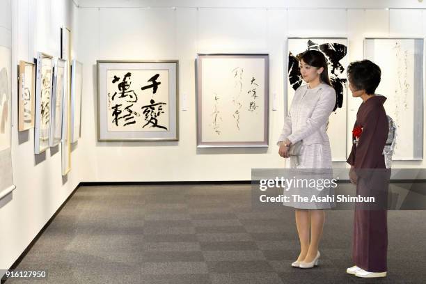 Princess Mako of Akishino visits a female calligraphy exhibition on February 9, 2018 in Tokyo, Japan.