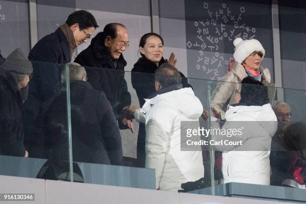 Kim Yo-jong, the sister of North Korean leader Kim Jong-Un looks on as Kim Yong Nam, North Korea's ceremonial head of state shakes hands with South...