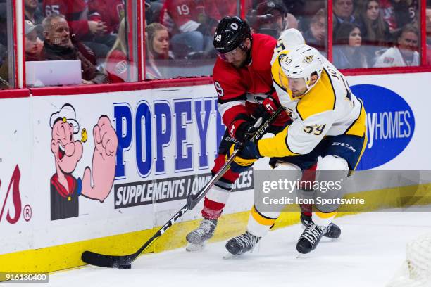 Ottawa Senators Right Wing Christopher DiDomenico loses the puck to Nashville Predators Defenceman Roman Josi during third period National Hockey...