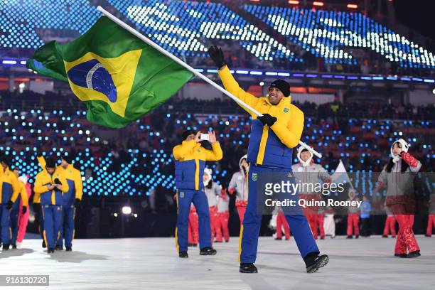 Flag bearer Edson Bindilatti of Brazil leads the team during the Opening Ceremony of the PyeongChang 2018 Winter Olympic Games at PyeongChang Olympic...