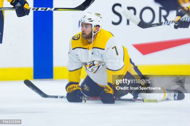 Nashville Predators Defenceman Yannick Weber stretches during warm-up before National Hockey League action between the Nashville Predators and Ottawa...