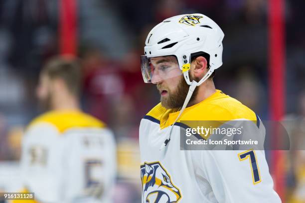 Nashville Predators Defenceman Yannick Weber takes a moment during warm-up before National Hockey League action between the Nashville Predators and...