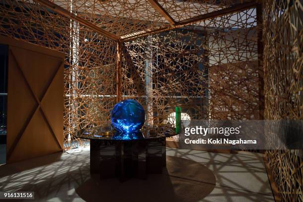 Tea Space with a Sphere by Shinichi Takemura / Earth Literacy Program is displayed at the Media Ambition Tokyo at Roppongi Hills on February 8, 2018...