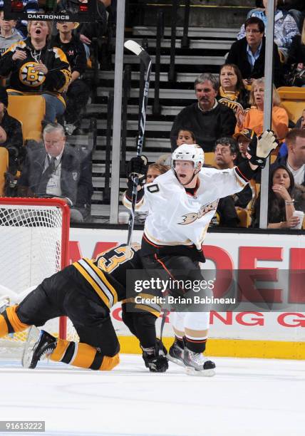 Corey Perry of the Anaheim Ducks celebrates a goal against the Boston Bruins at the TD Garden on October 8, 2009 in Boston, Massachusetts.