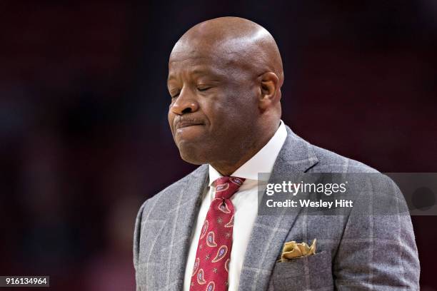 Head Coach Mike Anderson of the Arkansas Razorbacks reacts to a call during a game against the South Carolina Gamecocks at Bud Walton Arena on...