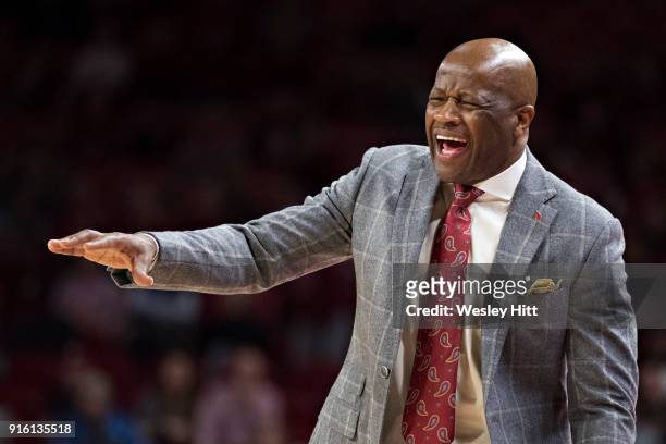 Head Coach Mike Anderson of the Arkansas Razorbacks yells to his team during a game against the South Carolina Gamecocks at Bud Walton Arena on...
