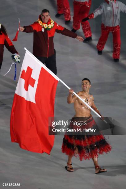 Flag bearer Pita Taufatofua of Tonga leads the team during the Opening Ceremony of the PyeongChang 2018 Winter Olympic Games at PyeongChang Olympic...