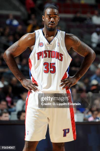 DaJuan Summers of the Detroit Pistons looks on during the preseason game against the Miami Heat at the Palace of Auburn Hills on October 5, 2009 in...