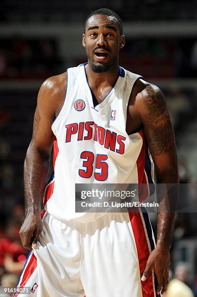 DaJuan Summers of the Detroit Pistons looks on during the preseason game against the Miami Heat at the Palace of Auburn Hills on October 5, 2009 in...