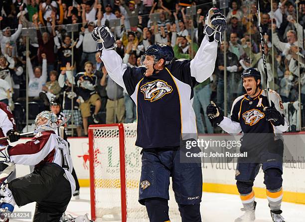 Right wing Patric Hornqvist and defenseman Shea Weber of the Nashville Predators celebrate a go-ahead third period goal against the Colorado...