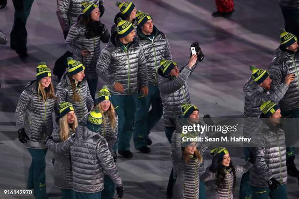 Team Australia walks in the Parade of Athletes during the Opening Ceremony of the PyeongChang 2018 Winter Olympic Games at PyeongChang Olympic...