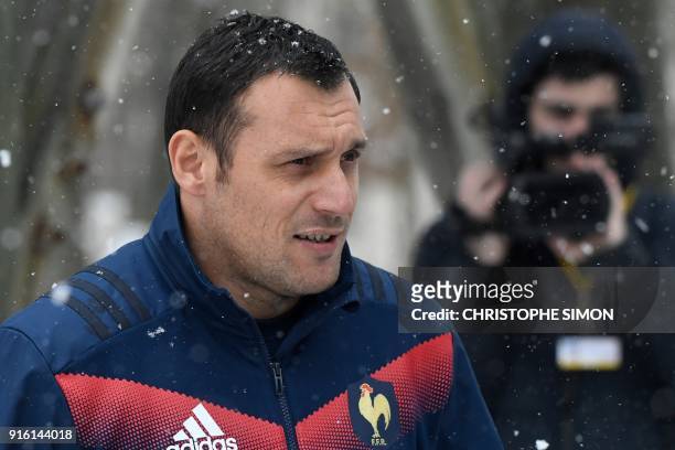 France's fly-half Lionel Beauxis arrives for a training session in Marcoussis, near Paris, on February 9, 2018 ahead of the Six Nations rugby union...